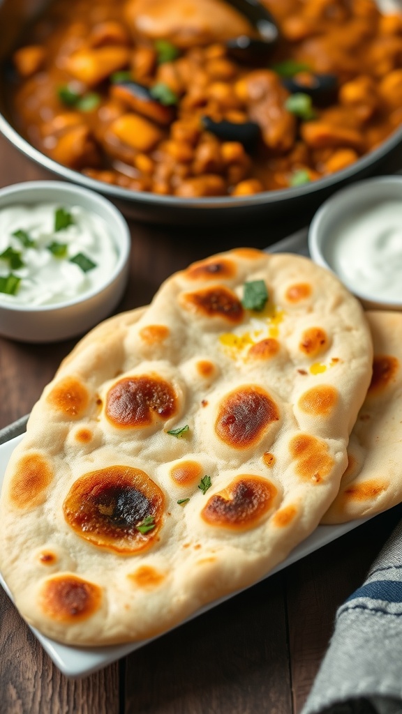 Soft and fluffy keto naan bread served with curry and yogurt dip, garnished with herbs.